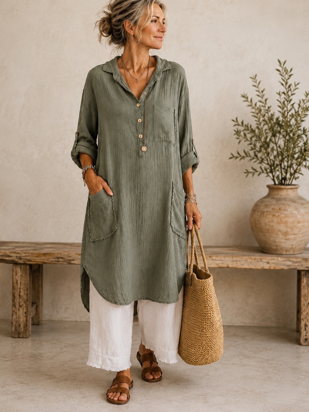 Cotton Gauze Lagenlook Tunic Dress XL Sage Green Coastal Grandmother Boho